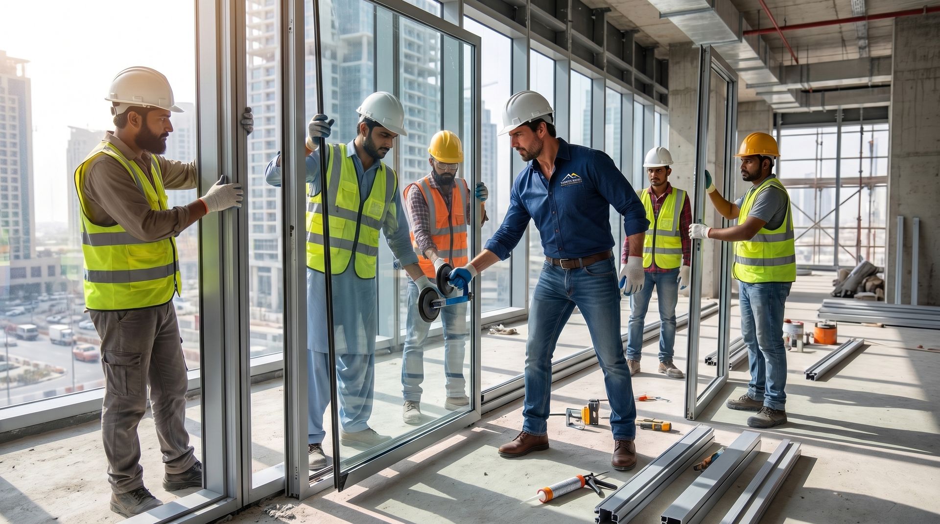 YMBC team installing glass facade on a Dubai high-rise